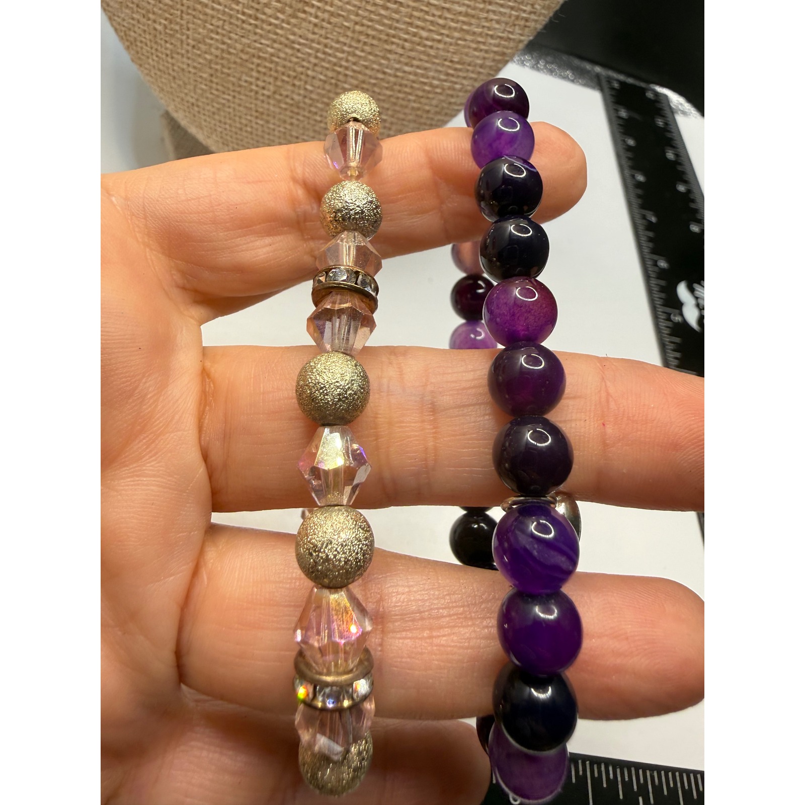Set Of 2 Beaded Stretch Bracelets Purple Agate Style Heart Charm Gold Crystal